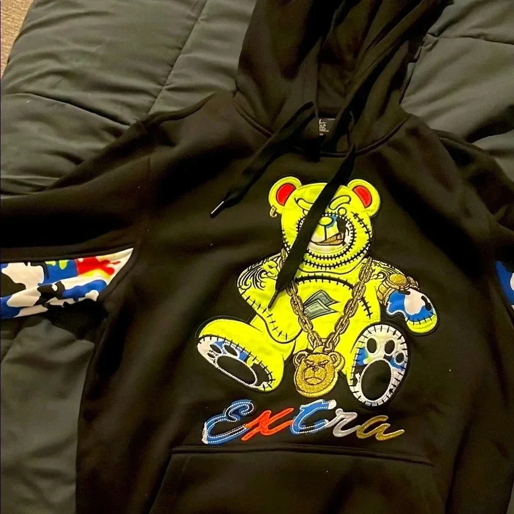 ExGra Black Hoodie with Neon Bear Design